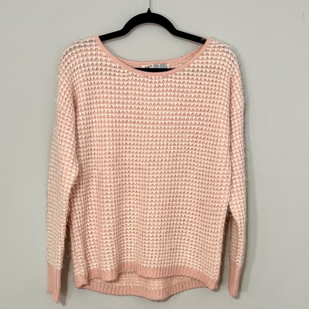 Jolt Pink White Eyelash Knit Sweater Waffle Weave Scoop Neck High Low Hem Medium